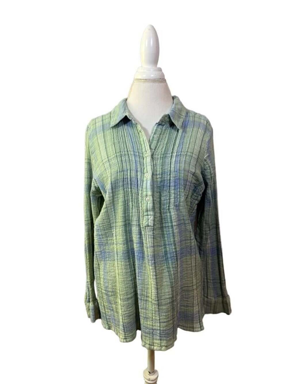 Coldwater Creek Women's Green Plaid Popover Long Sleeve Shirt Size XL